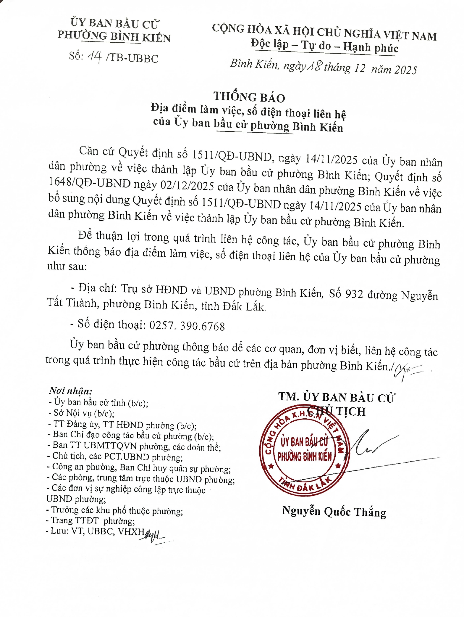 Thông báo địa điểm làm việc, số điện thoại liên hệ của Ủy ban bầu cử phường Bình Kiến